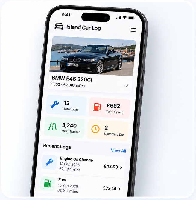 Island Car Log mobile app showing a BMW 320Ci and vehicle running costs